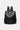 Black leather backpack with brown accents on a light gray background