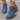 Blue ankle boots on a gray surface
