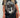 Person wearing a black t-shirt with graphic design and text
