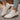 White ankle boots with brown soles worn with light blue jeans on a gray surface