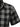 Close-up of sleeve and shoulder seam on black and grey plaid short sleeve shirt